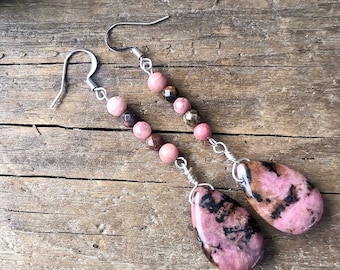 Rhodonit Tropfen Ohrringe, Handgemachter Edelstein Schmuck