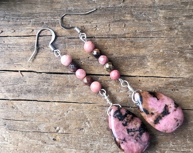 Rhodonite Teardrop Earrings -2.75 inch