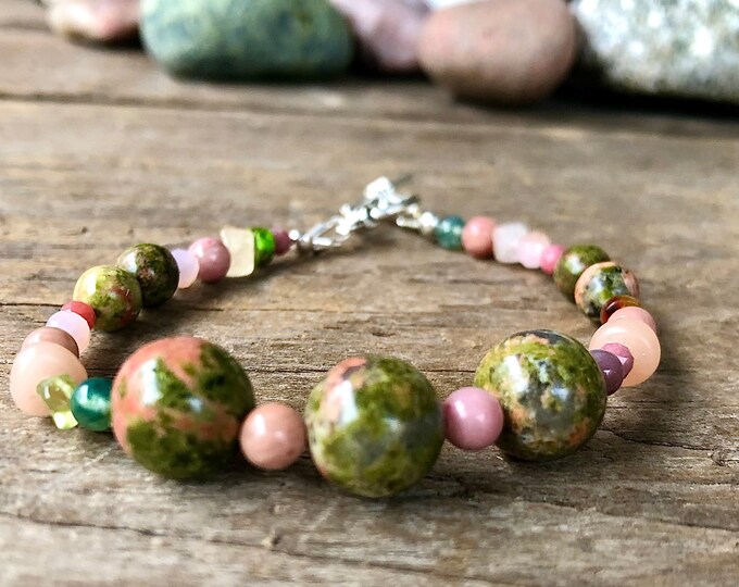 Unakite Rhodochrosite Rose Quartz Bracelet - 7.25 inch*