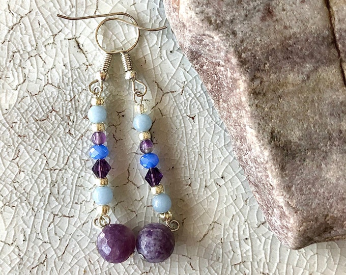 Lepidolite, Angelite, Amethyst, Quartz Crystal & Silver Earrings