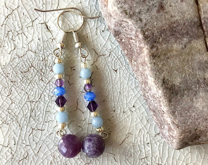 Lepidolite Angelite Amethyst Quartz Crystal & Silver Earrings