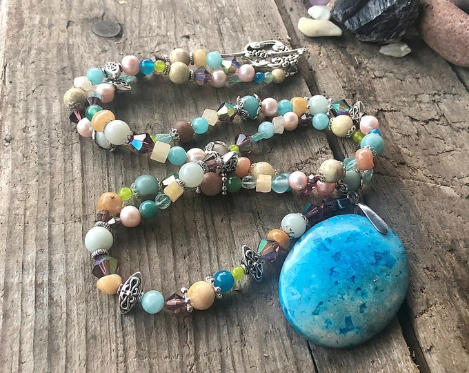 Blue Amazonite, Apatite, Quartz, Sunstone, Freshwater Pearl, Peridot & Crystal Necklace