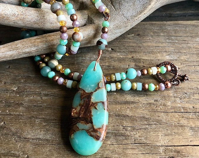 Jasper & Copper Bornite Teardrop Pendant, Quartz Crystal and Amazonite Necklace