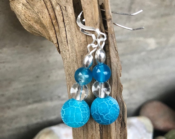 Blue Agate & Clear Crystal Quartz Earrings - 1.5 inch