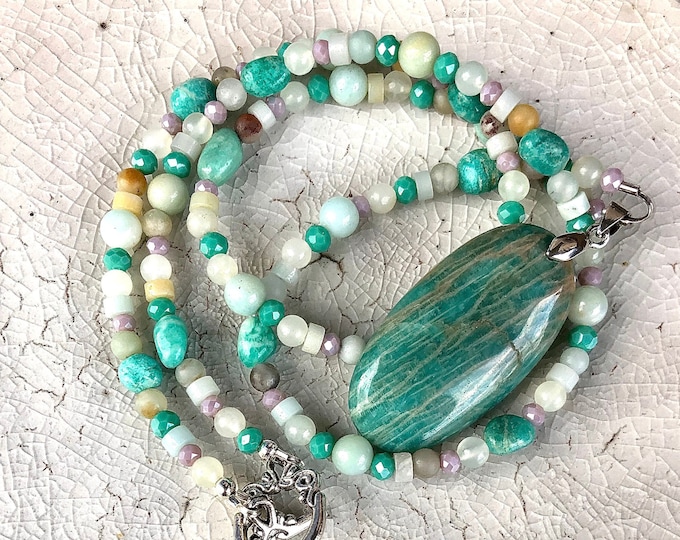 Amazonite, Aventurine & Quartz Crystal Necklace, Boho Handmade Gemstone Necklace, Girlfriend Anniversary Gift for Wife, Healing Jewelry