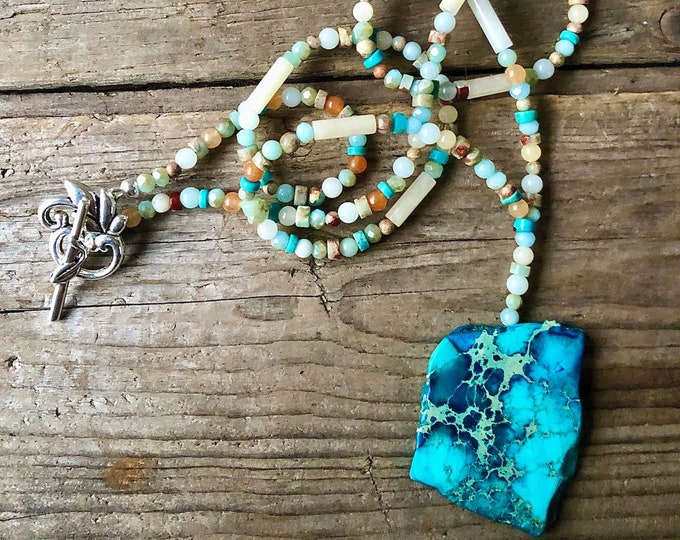 Ocean Jasper Pendant on Quartz & Rock Crystal Necklace - 29 inch