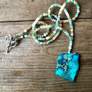 Silber Jaspis & Quarz Kristall Statement Kette: Boho Chic Handgefertigter Edelstein Anhänger 40