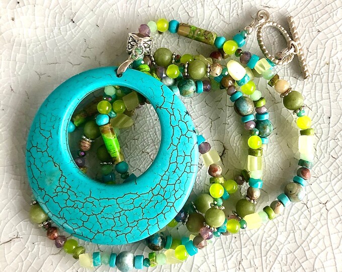 Turquoise Howlite Jasper Quartz Crystal Jade & Peridot Necklace - 39 inch