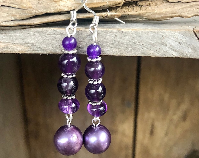 Purple Amethyst, Freshwater Pearl & Silver Earrings