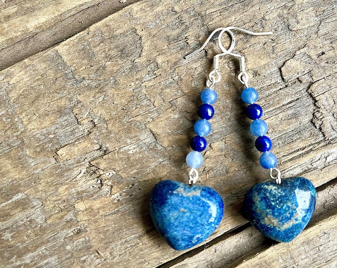 Blue Chrysanthemum Stone Heart, Lapis Lazuli & Angelite Earrings