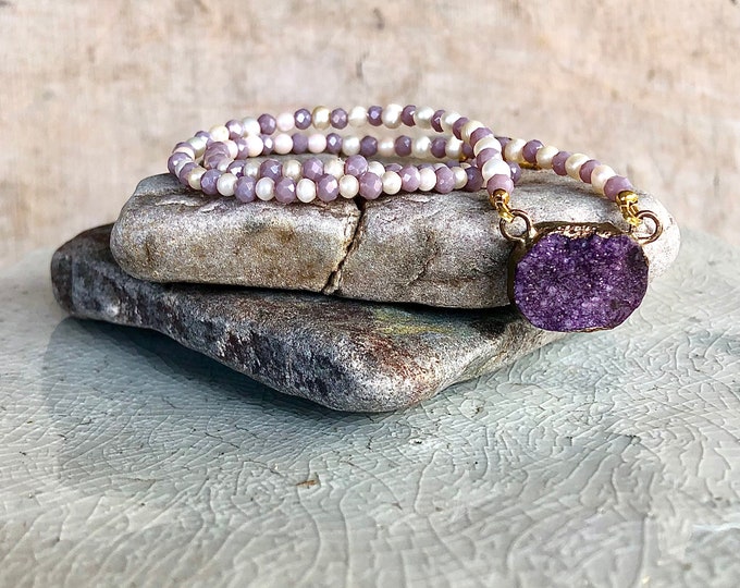 Ivory Freshwater Pearl, Quartz Crystal & Agate Druzy Necklace