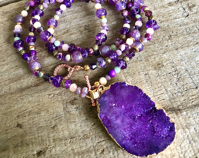 Agate Druzy Jasper Amethyst Lepidolite & Quartz Crystal Necklace - 24 inch