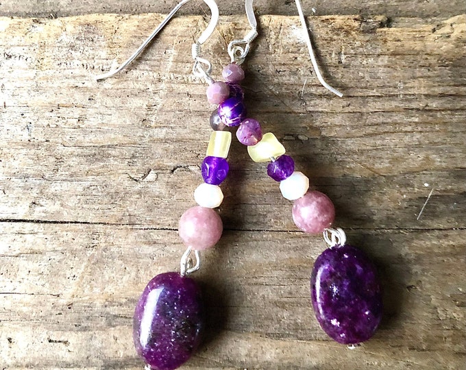 Quartz Crystal, Amethyst, Lepidolite, & Amethyst Earrings