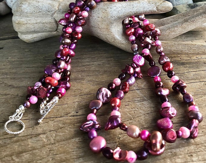 Magenta Freshwater Pearl Necklace - Two Strand 26 inch