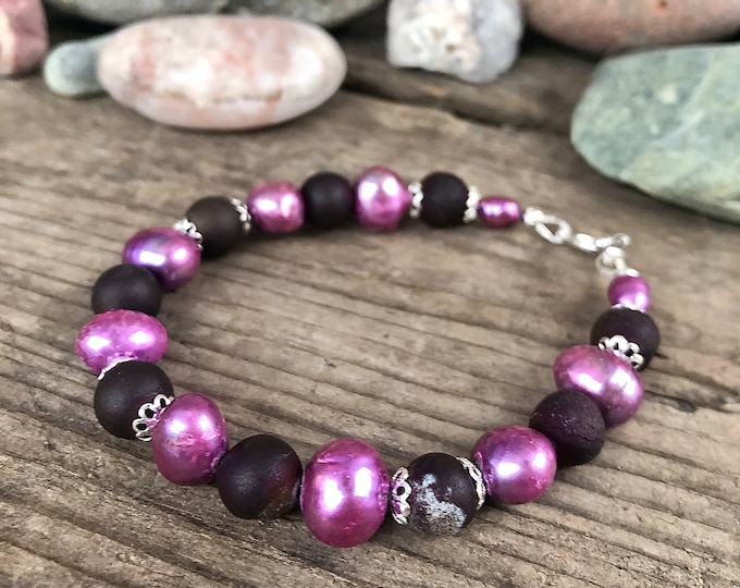 Pink Pearl & Purple Agate Druzy Bracelet - 8 inch*