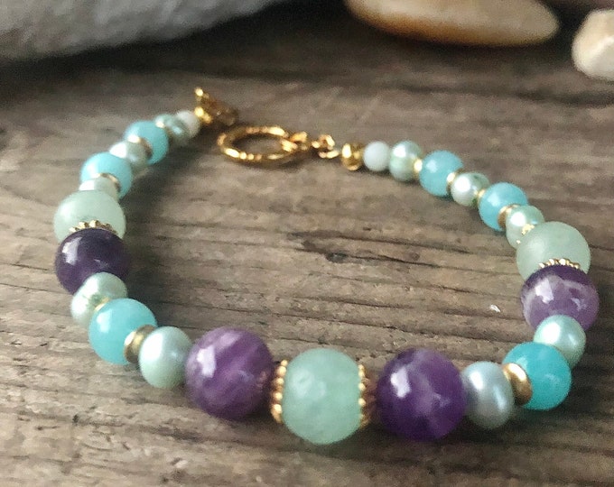 Blue Amazonite, Freshwater Pearl & Purple Lepidolite Bracelet