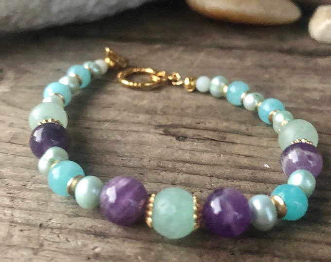 Blue Amazonite Freshwater Pearl & Purple Lepidolite Bracelet - 8 inch*