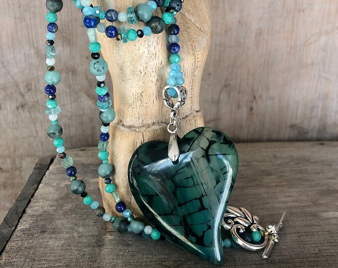 Teal Dragon Veins Agate Heart Apatite & Quartz Crystal Lapis Lazuli Necklace - 34 inch
