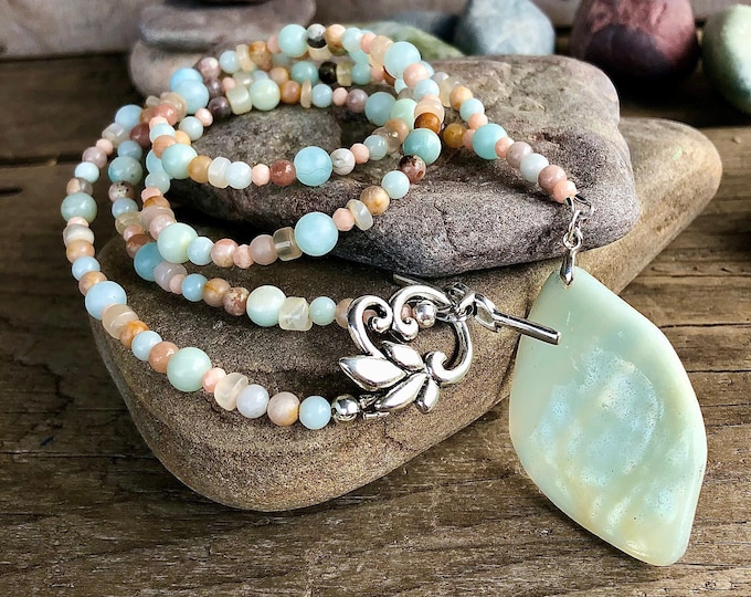 Blue Amazonite Jasper Sunstone & Quartz Crystal Necklace