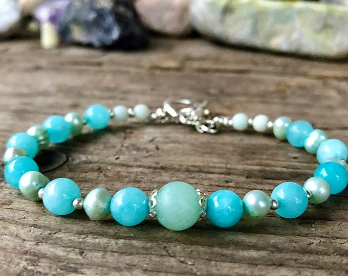 Blue Amazonite & Freshwater Pearl Bracelet - 8 inch*