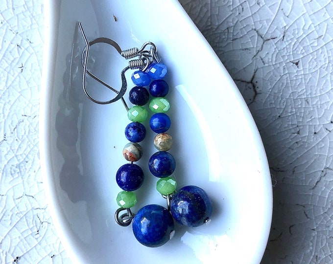 Blue Lapis Lazuli, Snakeskin Jasper & Quartz Crystal Earrings