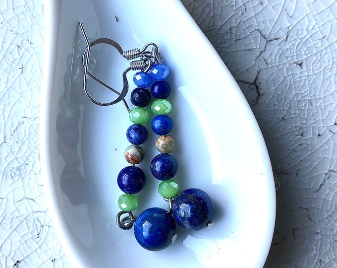 Blue Lapis Lazuli Snakeskin Jasper & Quartz Crystal Earrings - 2.5 inch