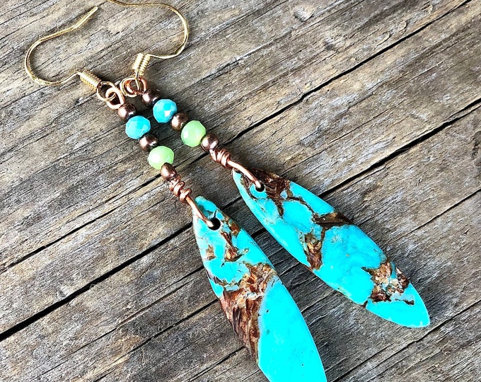 Turquoise Jasper Quartz Crystal & Copper Bornite Earrings - 3.25 inch