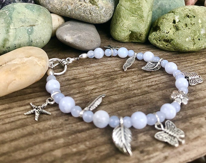 Blue Lace Agate Bracelet with Silver Charms - 8 inch*