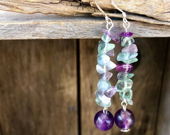 Fluorite Crystal Earrings, Wife 35th Birthday Gift for Girlfriend, Boho Handmade Gemstone Jewelry, Healing Crystal Fashion Statement Jewelry