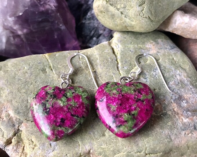 Ruby in Fuchsite Heart Drop Earrings