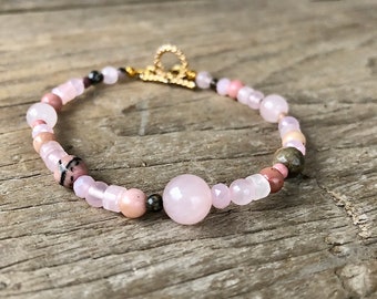 Pulsera de cristal de cuarzo rosa rodonita, joyería bohemia curativa