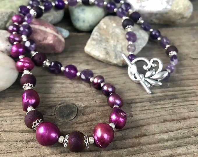 Freshwater Pearl, Agate Druzy & Silver Necklace