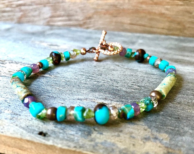 Turquoise Snakeskin Jasper & Copper Bornite, Quartz Crystal, and Peridot Bracelet - 8 inch*