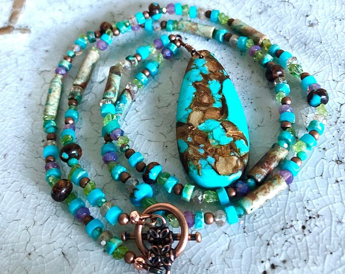 Snakeskin Jasper & Copper Bornite Pendant, Quartz Crystal, and Peridot Necklace