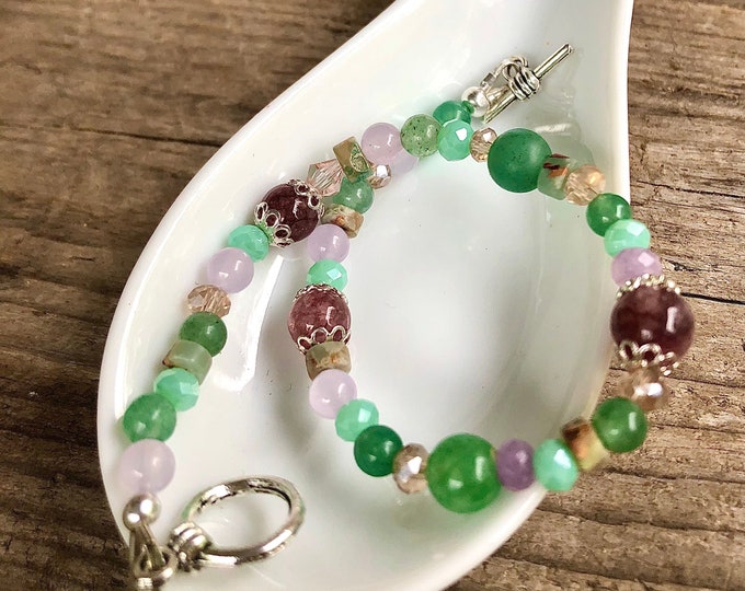 Green Aventurine Quartz Crystal Snakeskin Jasper & Lepidolite Bracelet, Boho Lucky Statement Jewelry, 40th Birthday Gift for Wife