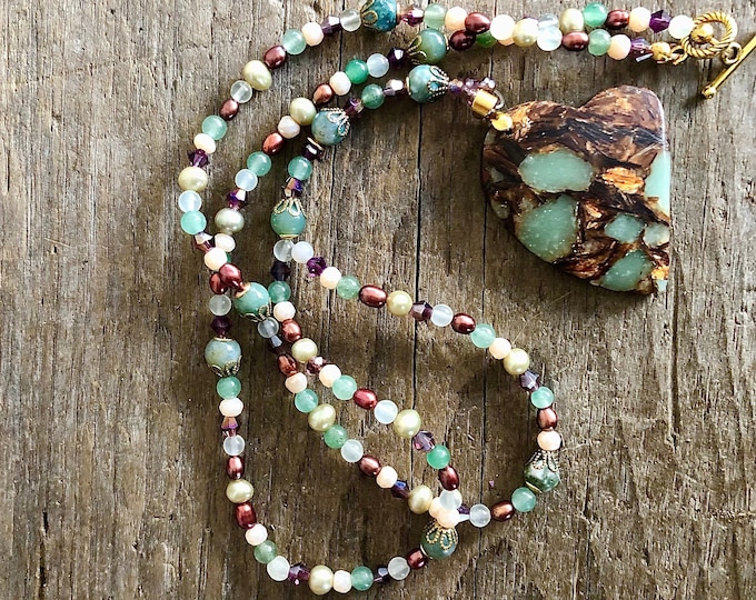 Snakeskin Jasper & Copper Bornite Heart Pendant, Crystal Pearl and Aventurine Necklace - 26 inch