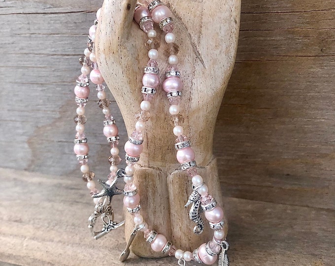 Peach Freshwater Pearl Necklace with Crystals & Silver Charms