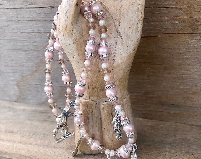 Peach and Silver Freshwater Pearl Charm Necklace - 18 inch