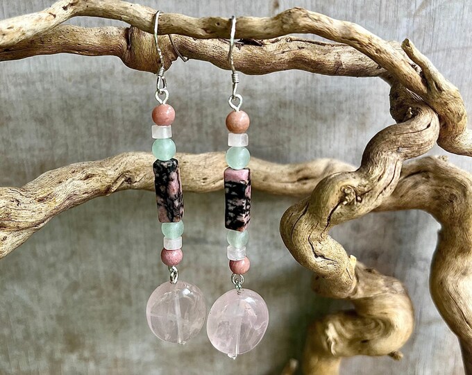 Rhodonite, Rhodochrosite & Burmese Jade Earrings