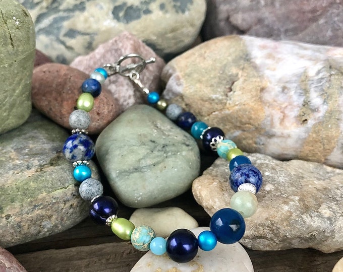 Lapis Lazuli, Blue Agate, Sodalite, Jasper, & Freshwater Pearl Bracelet - 8 inch*