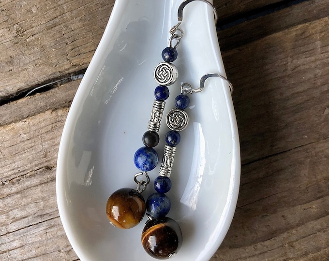 Tiger Eye Lapis Lazuli & Silver Earrings - 2.5 inch