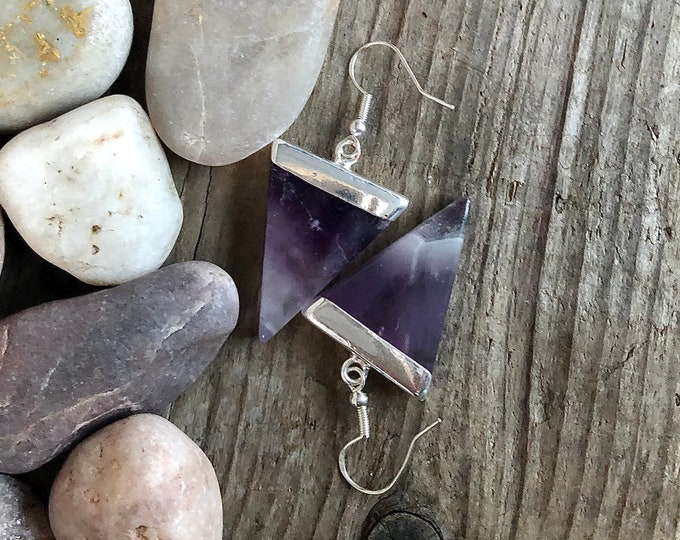 Amethyst Drop Triangle Earrings - 2 inch