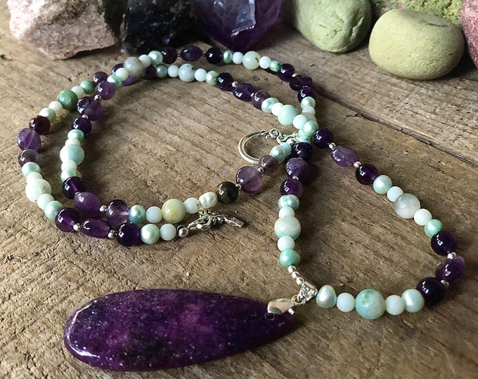 Lepidolite Amethyst Freshwater Pearl & Amazonite Necklace, Handmade Boho Necklace Anniversary Gift for Girlfriend