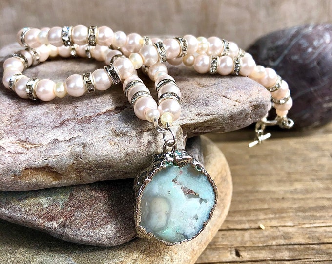Champagne Freshwater Pearl, Agate Druzy & Crystal Necklace