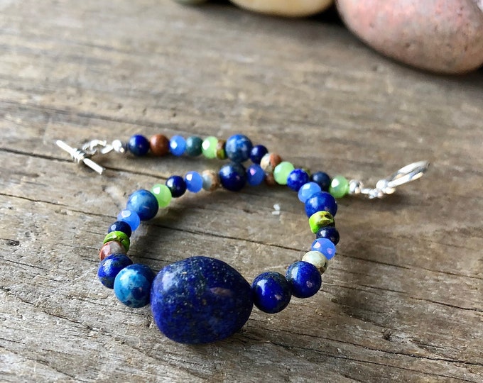 Lapis Lazuli Snakeskin Jasper & Quartz Crystal Bracelet - 8 inch*