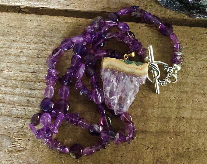 Raw Amethyst Pendant & Pearl Necklace