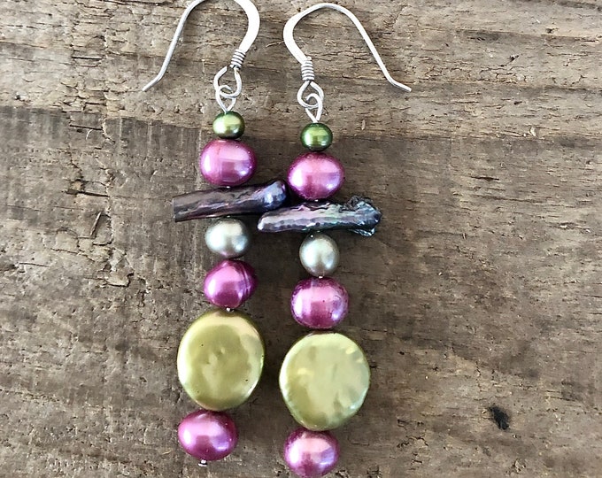 Pink & Green Freshwater Pearl Earrings - 8 inch*