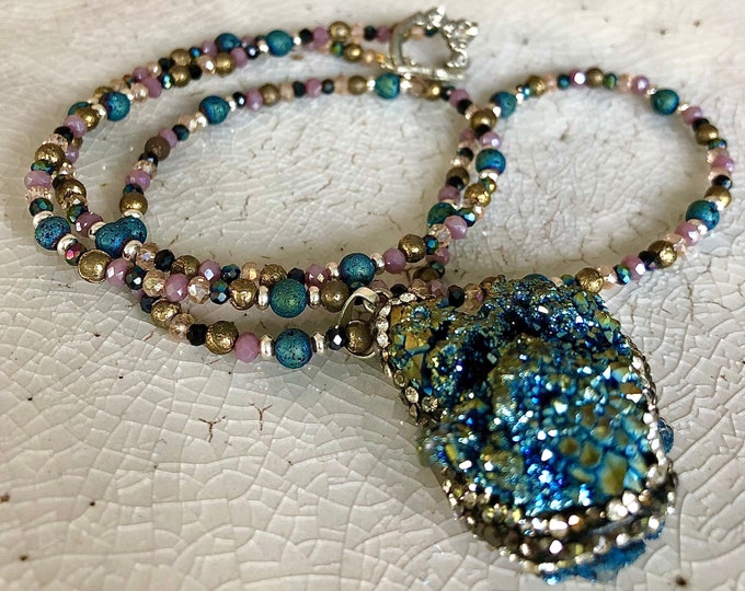 Titanium Agate Druzy & Quartz Crystal Necklace - 28 inch