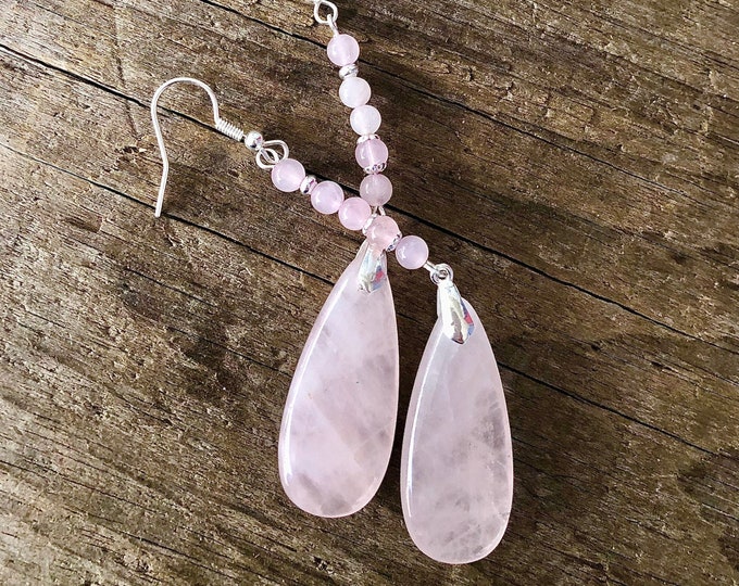 Rose Quartz Tear Drop Earrings - 3 inch