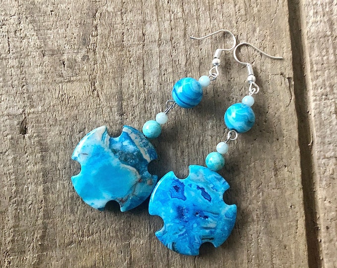 Blue Crazy Lace Agate Cross Earrings - 2 inch